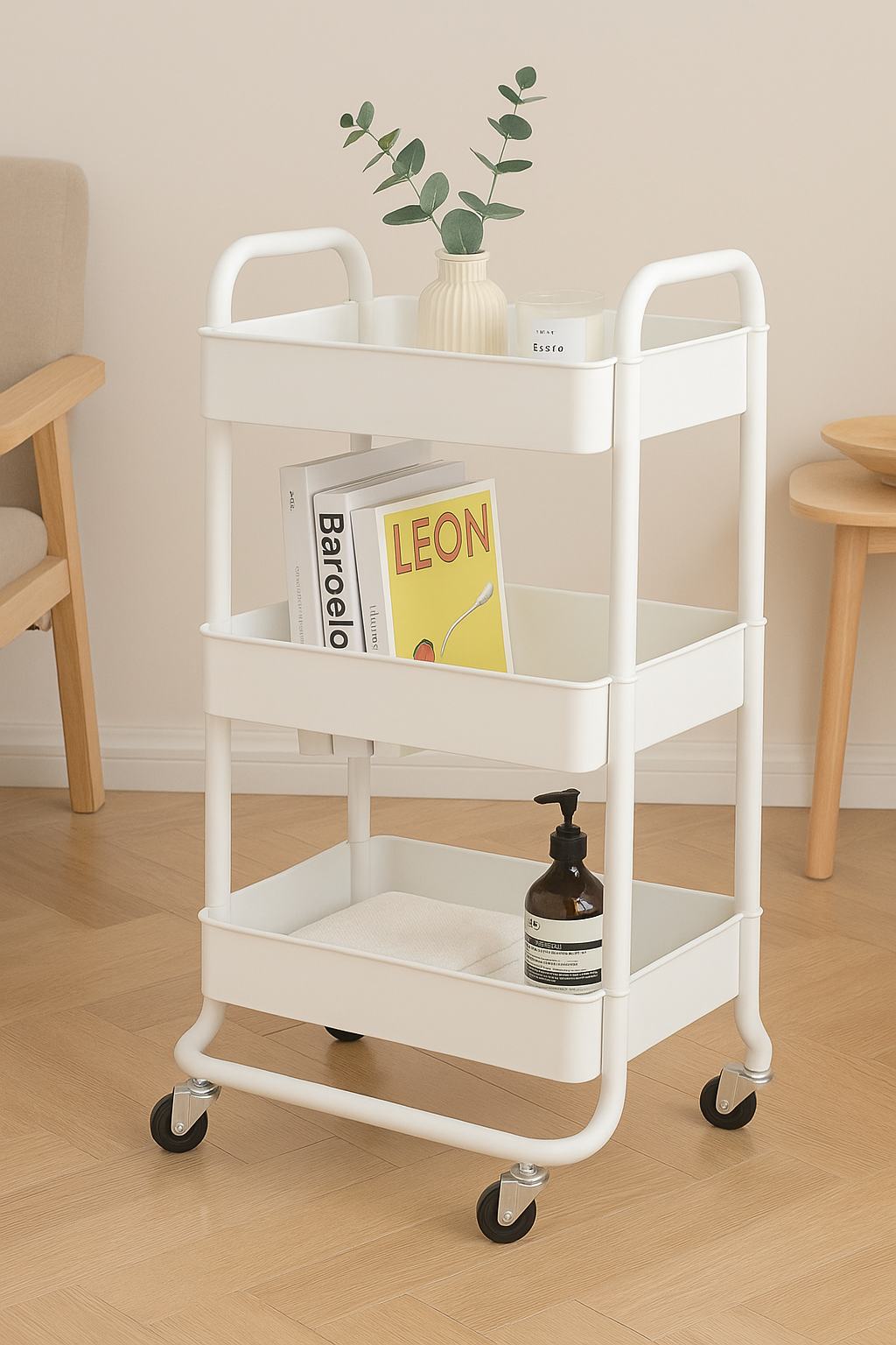Chariot de rangement blanc à 3 niveaux dans un intérieur minimaliste – contenant une plante, des livres et un flacon, sur roulettes pour un rangement déco et mobile.