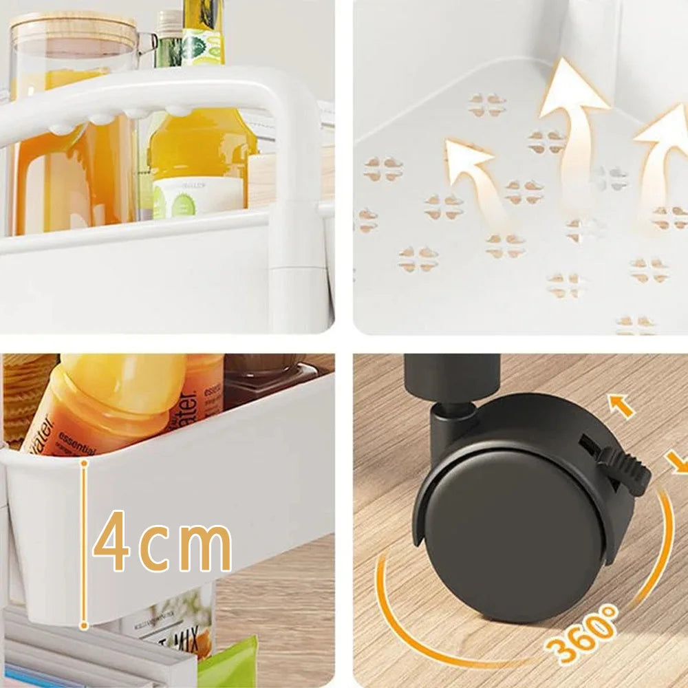 Détails techniques du chariot de rangement : poignée ergonomique, roulettes pivotantes 360°, fond aéré, hauteur des bords de 4 cm – pour une utilisation pratique et stable.