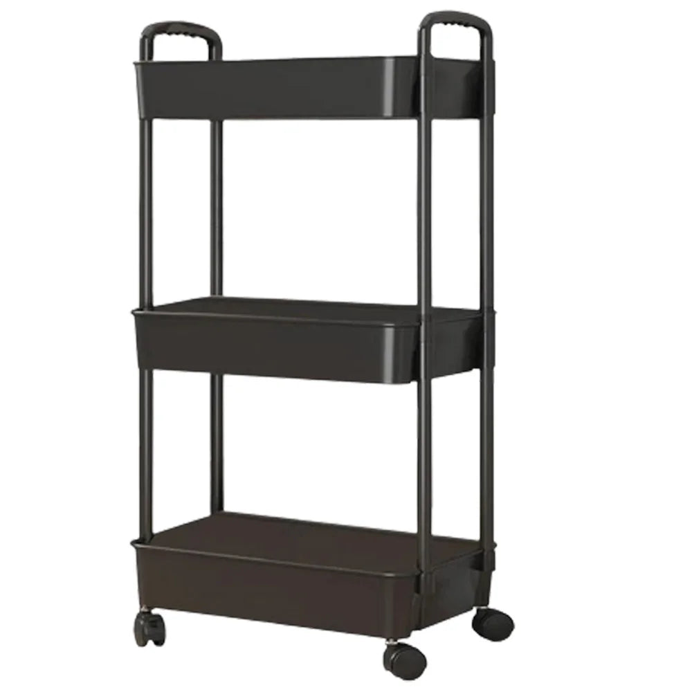 Chariot de rangement noir vide à 3 niveaux, en plastique ABS avec roulettes – design moderne et compact, parfait pour tout type d’organisation intérieure.