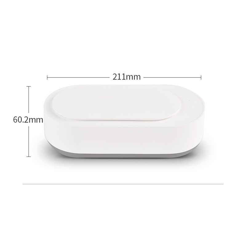 Vue de face du nettoyeur ultrasonique portable 45000Hz blanc avec ses dimensions visibles : 211 mm de long sur 60,2 mm de haut – design compact et moderne.