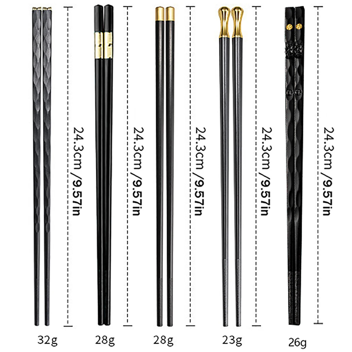 Comparatif de 5 paires de baguettes en métal noir avec embouts dorés, affichant les dimensions (24,3 cm) et les poids de chaque paire