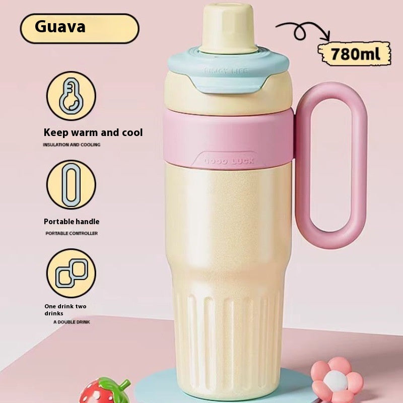 Gourde isotherme 780 ml coloris guava – jaune pastel avec couvercle vert et poignée rose, modèle nomade au design fruité pour boissons chaudes ou froides
