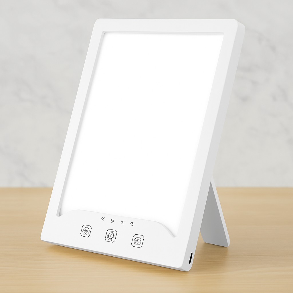 Lampe de luminothérapie SAD blanche 10 000 Lux sur support inclinable – design compact et épuré, idéale pour le bien-être et la lumière naturelle à domicile.