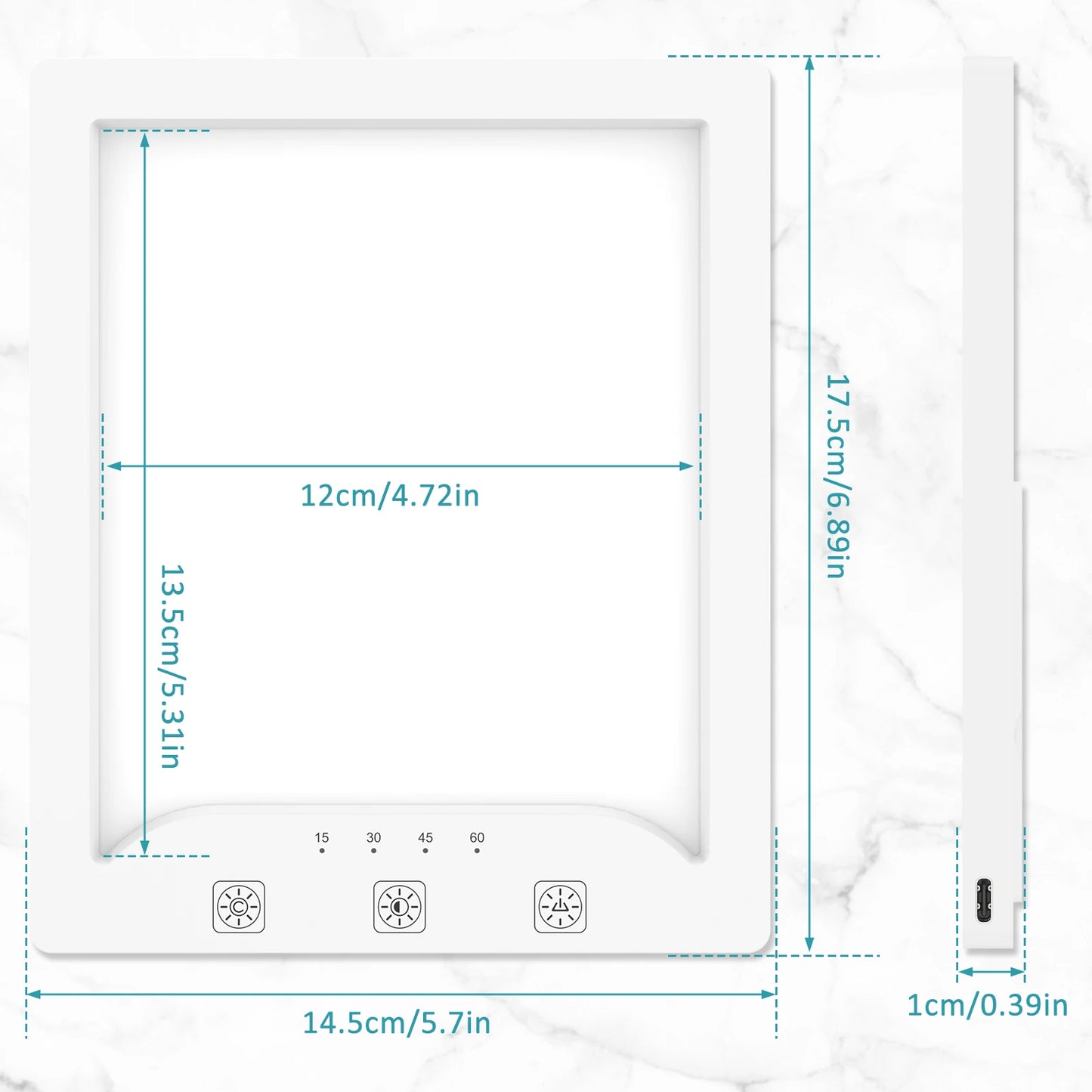 Schéma des dimensions de la lampe de luminothérapie SAD – 17,5 cm de haut, 14,5 cm de large, avec détails sur la zone d’éclairage et les boutons de commande.
