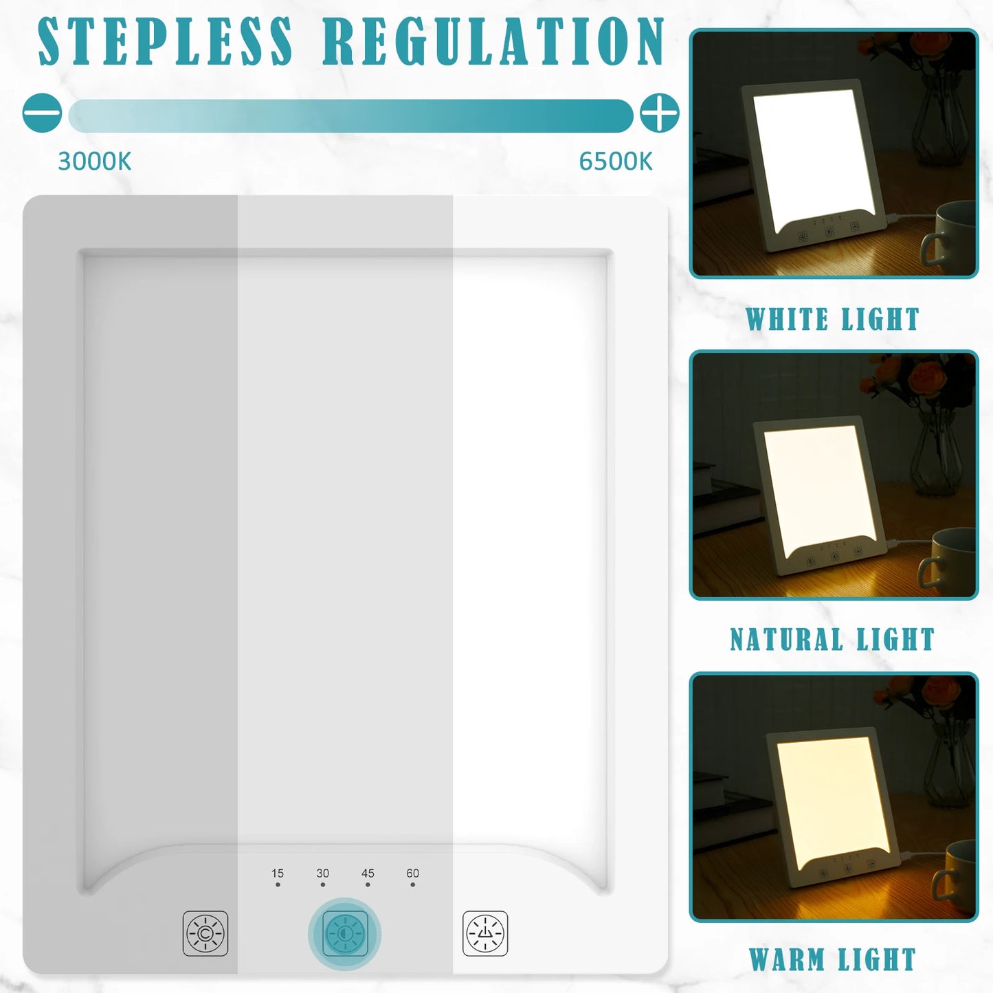 Réglage progressif de la lampe de luminothérapie SAD entre 3000K et 6500K – illustration des 3 modes : lumière blanche, naturelle et chaude.