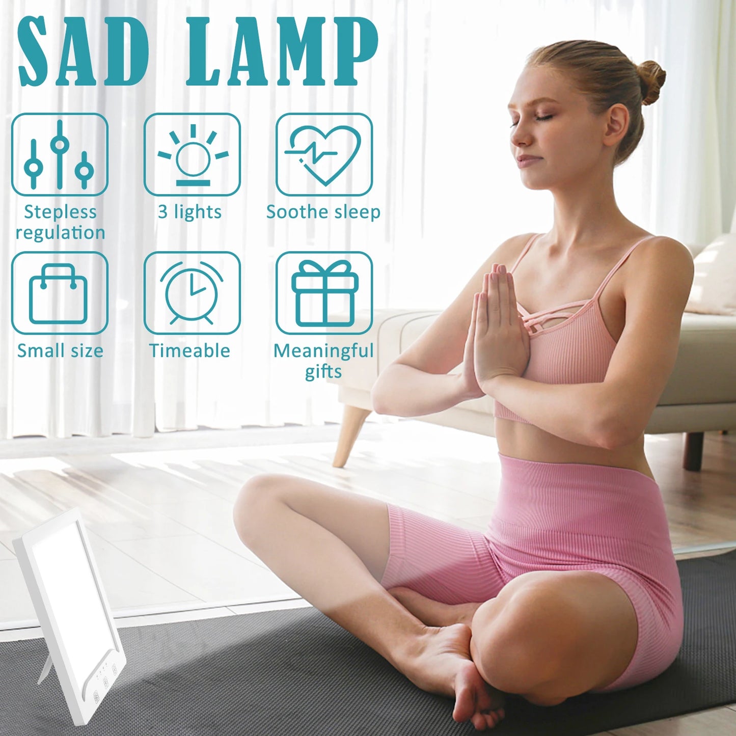 Femme en posture de yoga près d’une lampe de luminothérapie SAD – visuel illustrant les fonctions clés : lumière réglable, minuterie, sommeil apaisé, format compact.
