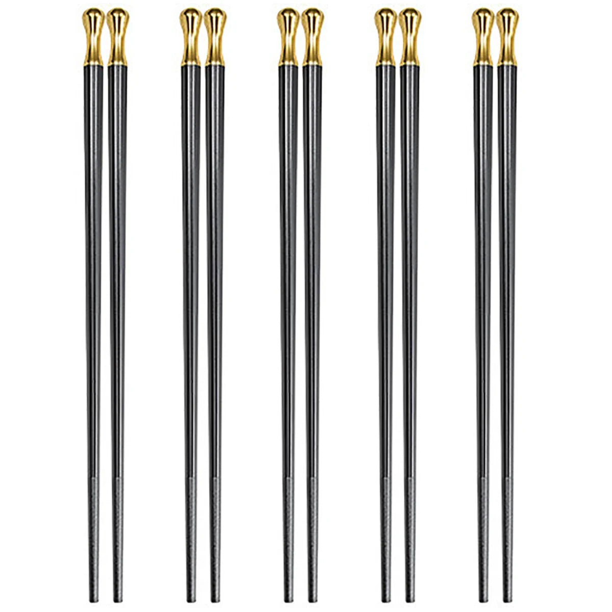 Lot de 5 paires de baguettes en métal noir avec embouts dorés sculptés, alignées verticalement sur fond blanc