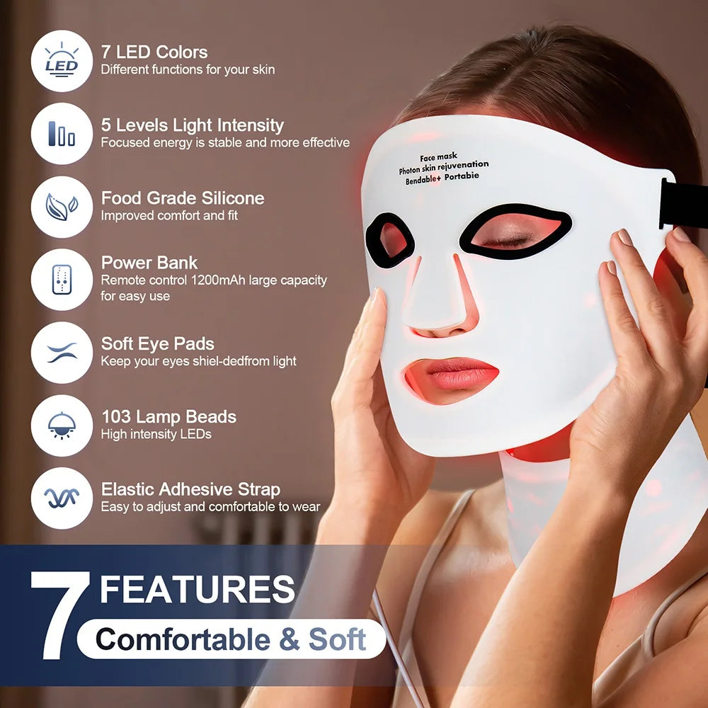 Femme portant un masque LED en silicone avec 7 fonctions mises en avant : 7 couleurs, intensité réglable, silicone souple, batterie intégrée et coussins oculaires