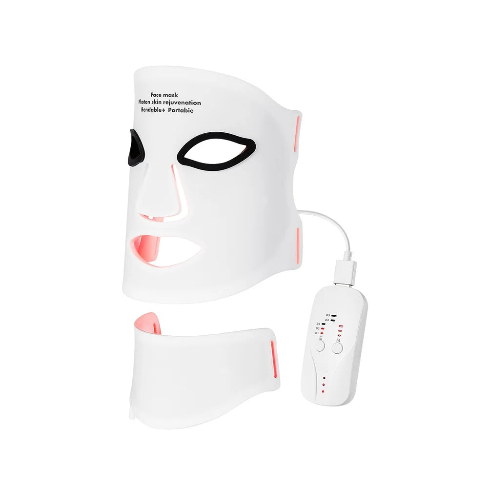 Masque LED en silicone blanc affiché avec ses accessoires : masque visage, bande cou et télécommande de réglage, sur fond blanc neutre