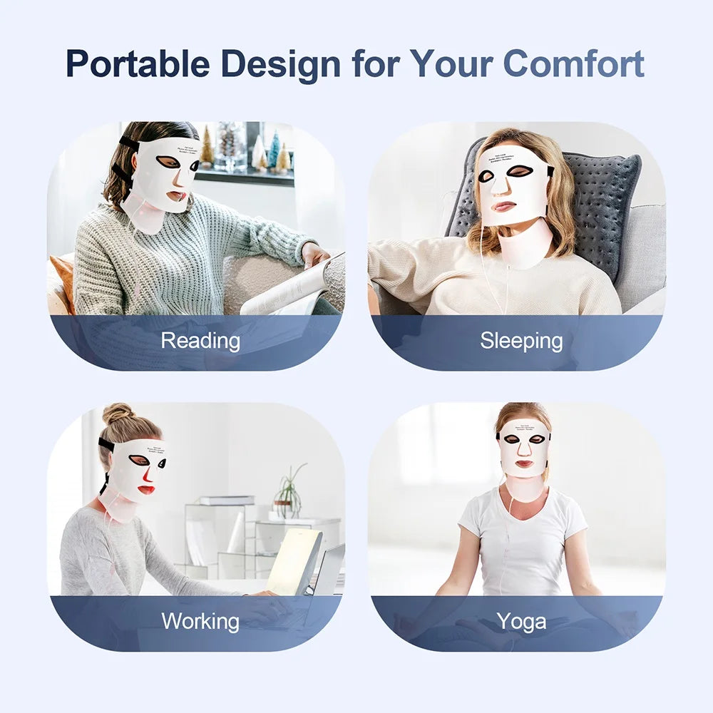 Masque LED en silicone utilisé en lisant, dormant, travaillant ou faisant du yoga, illustrant son confort portable et sa compatibilité avec les activités quotidiennes