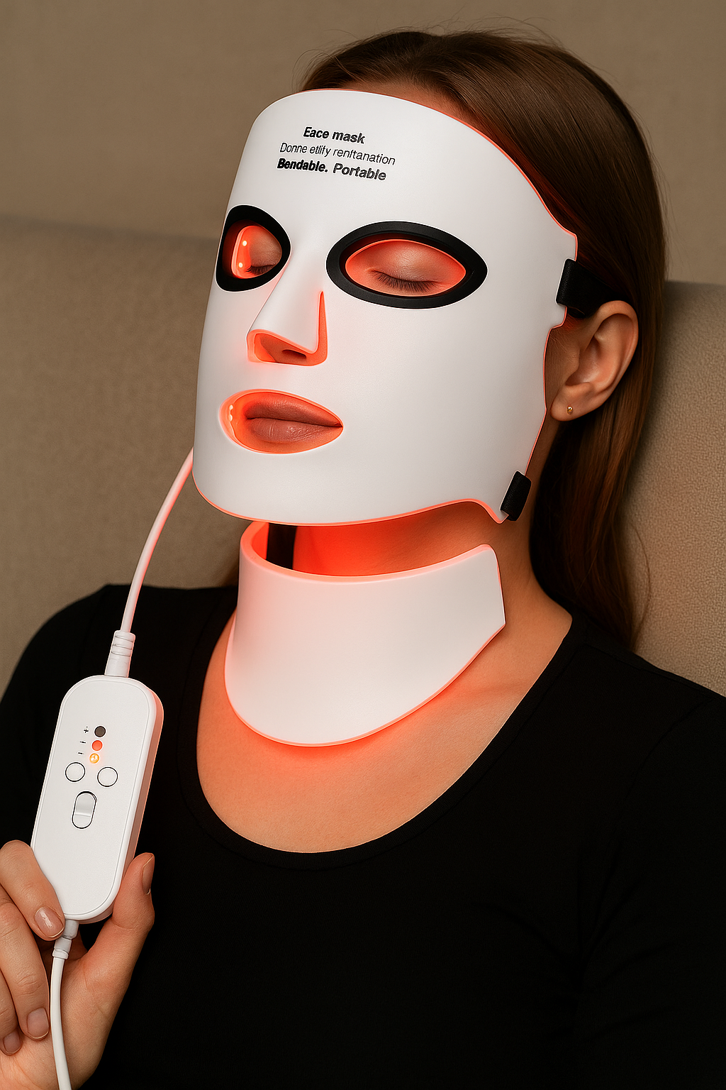 Femme utilisant un masque LED en silicone activé en lumière rouge sur le visage et le cou, tenant la télécommande filaire pendant la séance