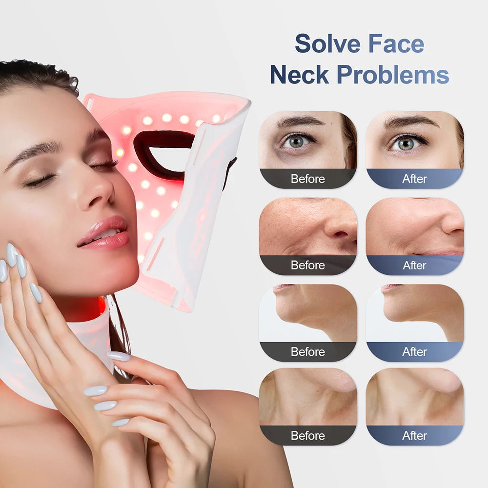 Masque LED en silicone pour le visage et le cou, avec illustration avant/après montrant des résultats sur rides, élasticité et éclat de la peau