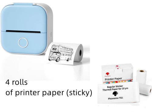 Mini imprimante thermique bleue avec 4 rouleaux de papier autocollant – impression mobile sans encre pour stickers, notes et dessins