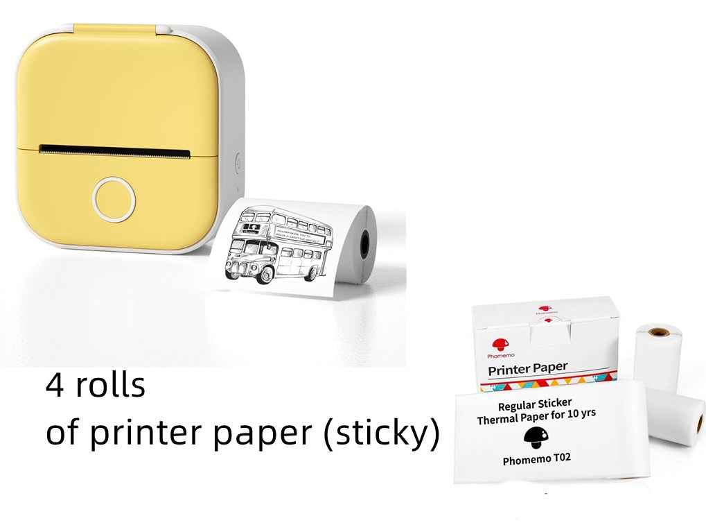 Mini imprimante thermique jaune avec 4 rouleaux de papier autocollant – impression sans encre pour étiquettes, listes et dessins