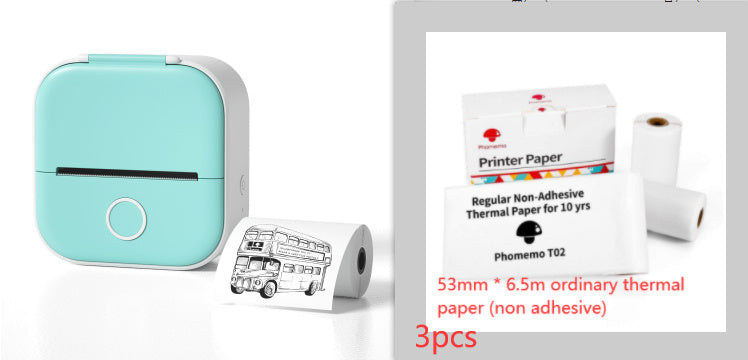 Mini imprimante thermique vert menthe avec 3 rouleaux de papier thermique non adhésif 53 mm × 6,5 m – impression mobile sans encre