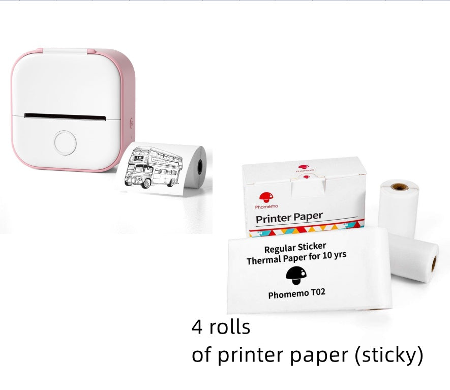 Mini imprimante thermique rose avec 4 rouleaux de papier autocollant – impression sans encre idéale pour étiquettes, listes et dessins nomades