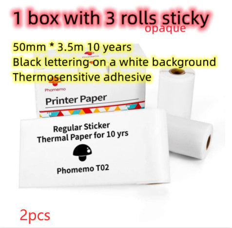 Pack de 3 rouleaux de papier thermique autocollant blanc opaque – impression noire sur fond blanc, compatible imprimante portable, format 50 mm × 3,5 m