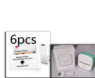Pack mini imprimante thermique avec 6 rouleaux de papier autocollant, câble USB et boîte – impression mobile sans encre pour organisation et créations