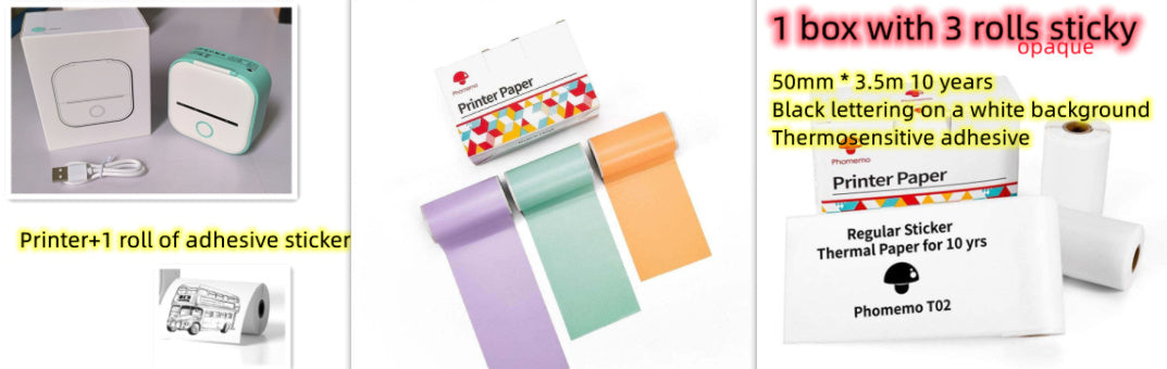 Pack imprimante thermique avec 1 rouleau adhésif et 3 rouleaux colorés – papier thermique violet, vert, orange et blanc pour étiquettes et stickers