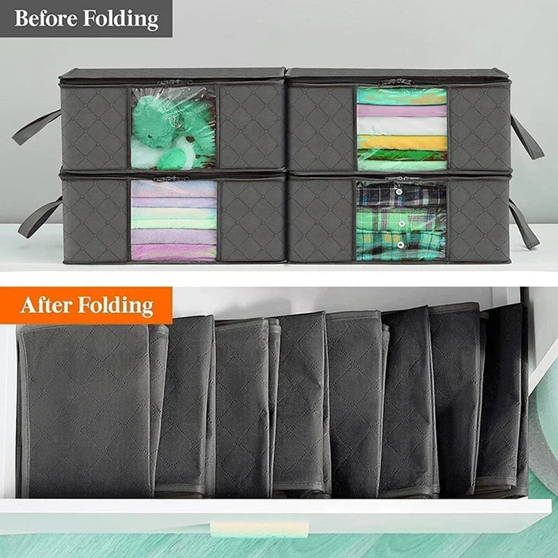 Comparatif visuel des sacs de rangement textiles avant et après pliage – illustrant leur capacité de stockage pleine et leur format compact une fois repliés pour un gain de place optimal.