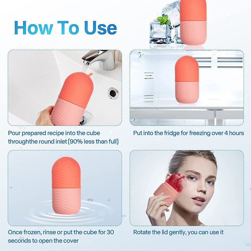 Guide illustré d’utilisation du rouleau de glace en silicone pour le visage : remplissage, congélation, ouverture et application