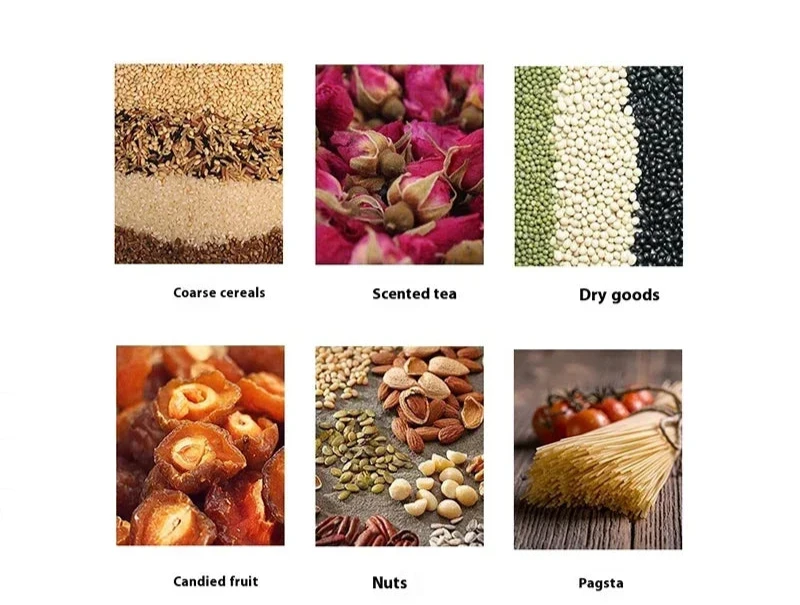 Illustration des aliments que la boîte compartimentée peut contenir : céréales, thé parfumé, légumes secs, fruits confits, fruits à coque et pâtes – grande capacité de stockage multi-usages.