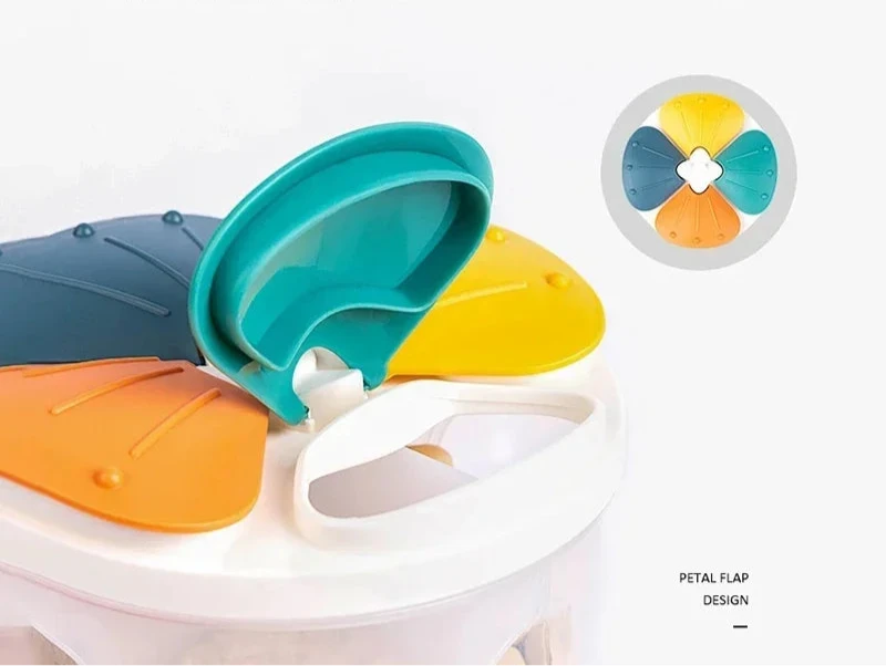 Zoom sur le couvercle rotatif en forme de pétales d’une boîte alimentaire à 4 compartiments – design pratique avec ouverture individuelle pour chaque section, en plastique coloré.