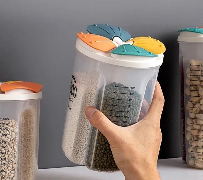 Boîte de rangement alimentaire à 4 compartiments, format 2,5L, en plastique de qualité, tenue en main – design ergonomique avec couvercle rotatif coloré et prise confortable pour un usage quotidien facile