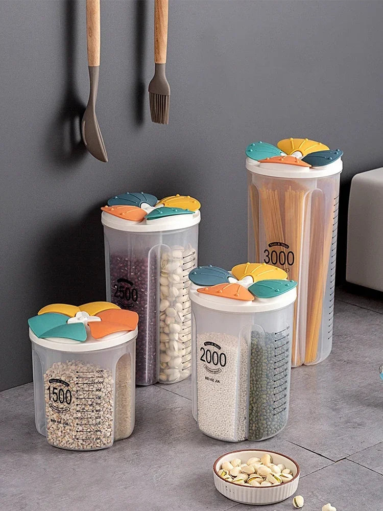 Boîtes de rangement alimentaires compartimentées en plastique coloré, avec 4 sections pour stocker céréales, légumineuses, pâtes ou graines – modèle 1,5L et 2,5L – design moderne et pratique pour cuisine bien organisée