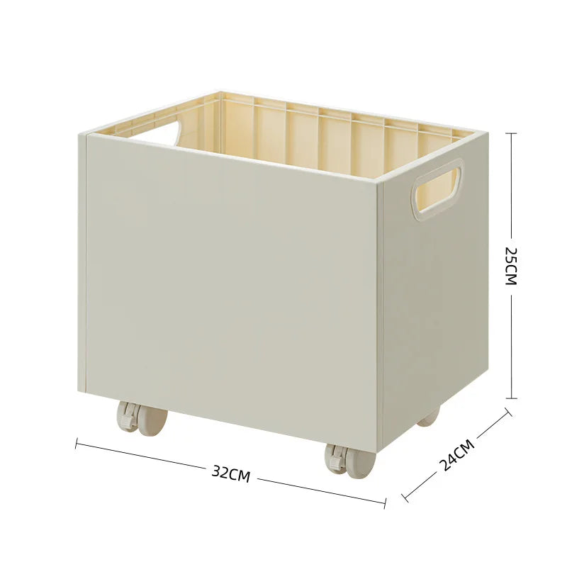 Boîte de rangement crème à roulettes, avec dimensions 32 cm x 24 cm x 25 cm – format compact et fonctionnel pour optimiser le rangement au quotidien.