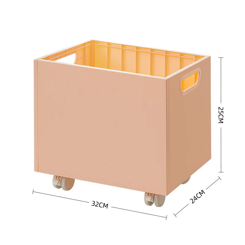 Boîte de rangement avec roulettes illustrée avec ses dimensions : 32 cm de large, 24 cm de profondeur et 25 cm de hauteur – pratique et compacte.