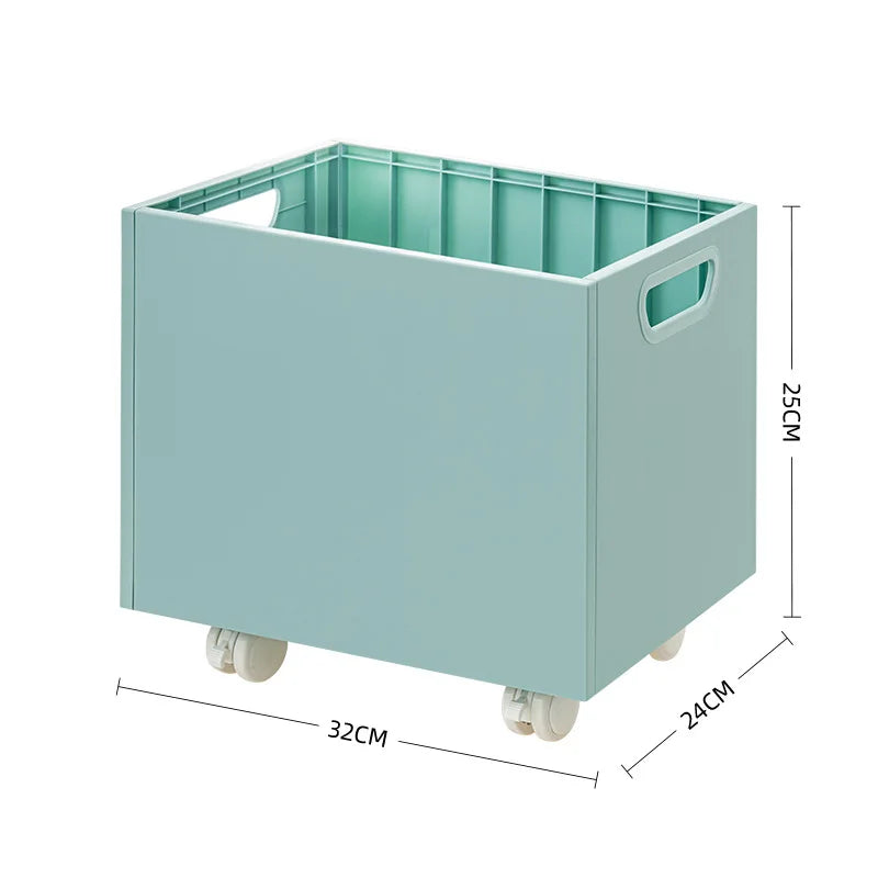 Boîte de rangement verte à roulettes avec indication des dimensions : 32 cm x 24 cm x 25 cm – compacte, pratique et facile à transporter.