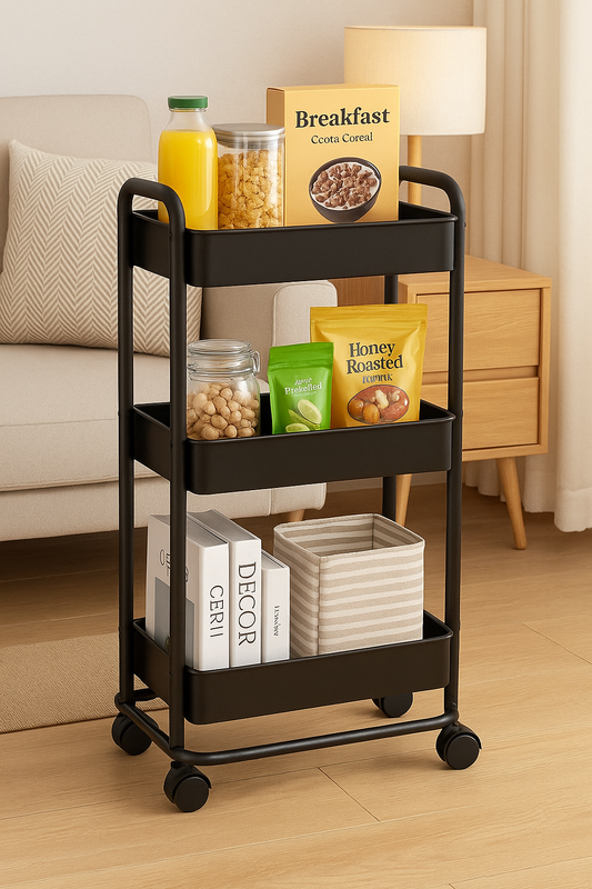 Chariot de rangement noir à 3 niveaux utilisé dans un salon – rempli de céréales, snacks, livres et accessoires, sur roulettes pour un rangement mobile et élégant.