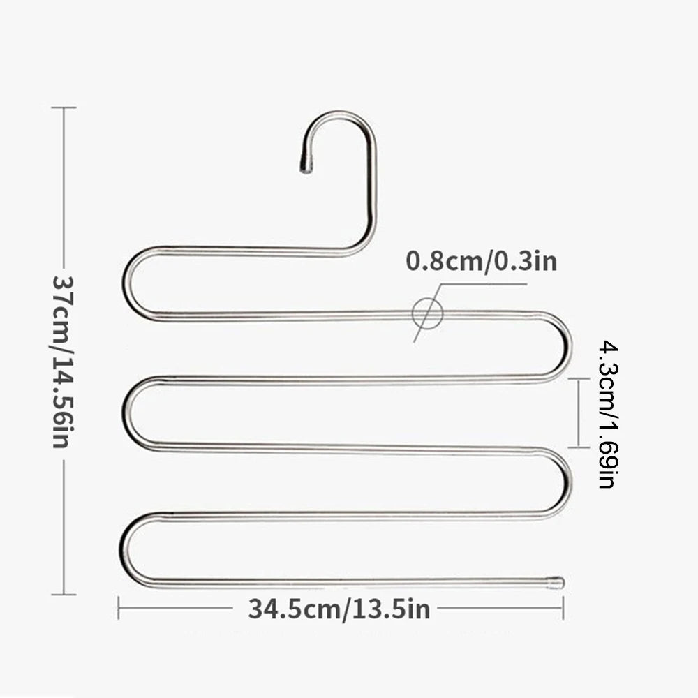 Dimensions du cintre à pantalons 5 niveaux en acier inoxydable : 37 cm de hauteur, 34,5 cm de largeur et 0,8 cm d’épaisseur