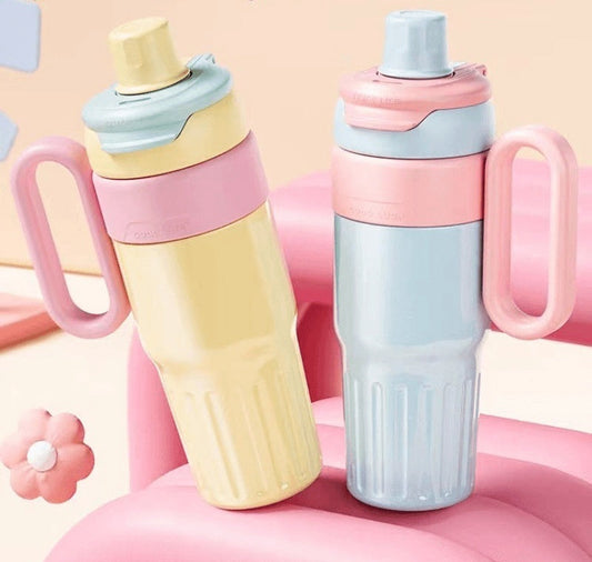 Gourdes isothermes 780 ml avec poignée – modèles pastel jaune et bleu avec couvercle anti-fuite, design tendance et grande contenance