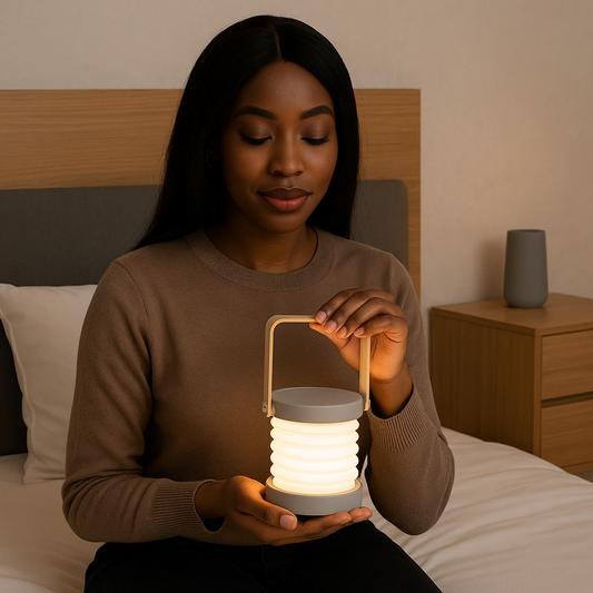 Femme assise sur un lit tenant une lampe LED pliable grise – ambiance cocooning et élégante, parfaite comme lampe de chevet ou veilleuse nomade.