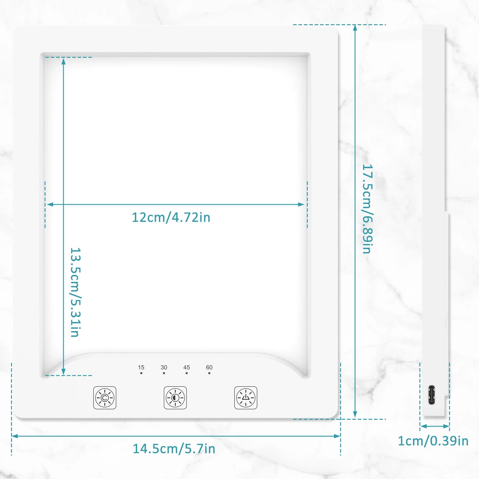 Schéma des dimensions de la lampe de luminothérapie SAD – 17,5 cm de haut, 14,5 cm de large, avec détails sur la zone d’éclairage et les boutons de commande.