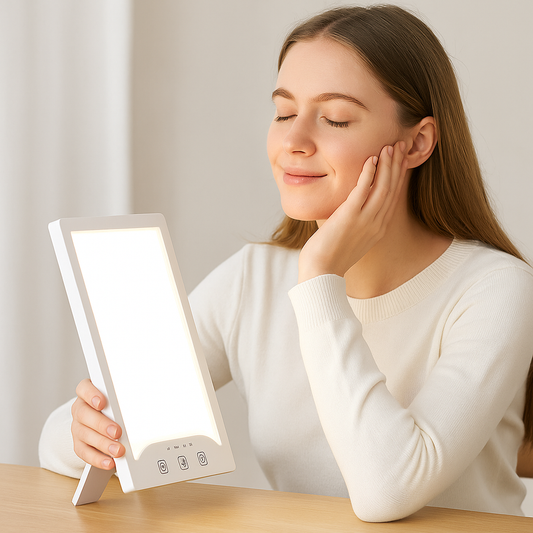 Femme détendue utilisant une lampe de luminothérapie SAD 10 000 Lux – lumière blanche naturelle pour améliorer l’humeur, la concentration et l’énergie.