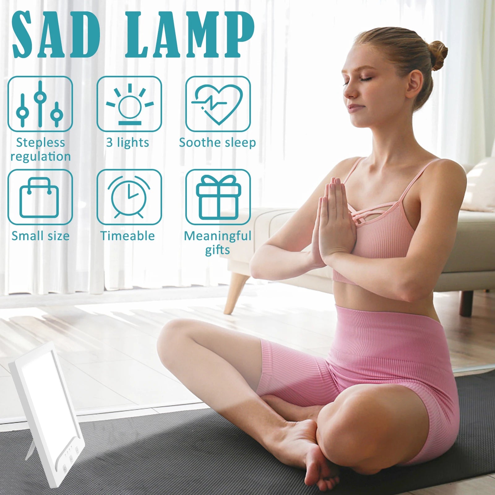 Femme en posture de yoga près d’une lampe de luminothérapie SAD – visuel illustrant les fonctions clés : lumière réglable, minuterie, sommeil apaisé, format compact.