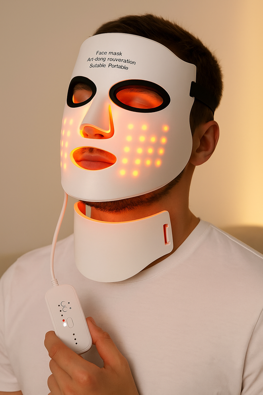 Masque LED en silicone blanc porté sur le visage et le cou, émettant une lumière orange pour un soin anti-âge et éclat du teint à domicile