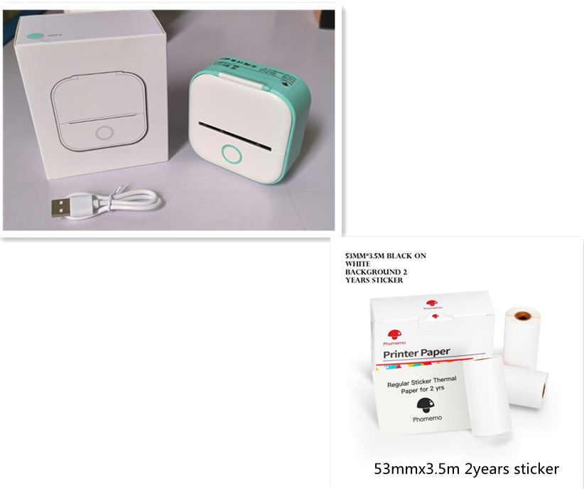 Mini imprimante thermique portable avec câble USB, boîte et rouleaux de papier autocollant – impression sans encre, format compact et accessoires inclus