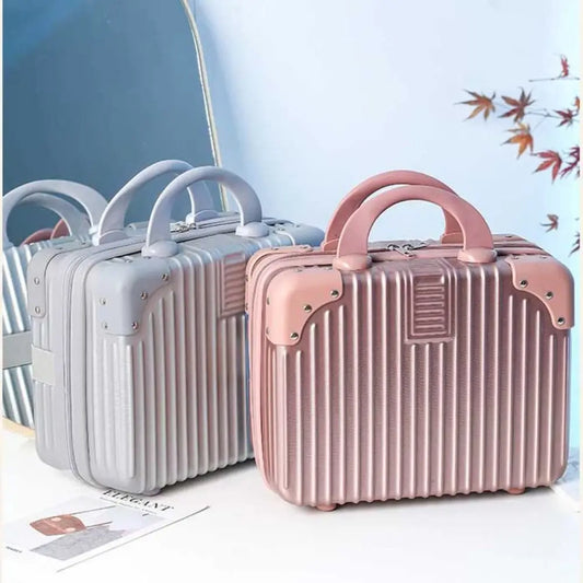 Mini valises rigides rose et gris avec poignée, design élégant à rainures, idéales pour le maquillage ou les accessoires de voyage