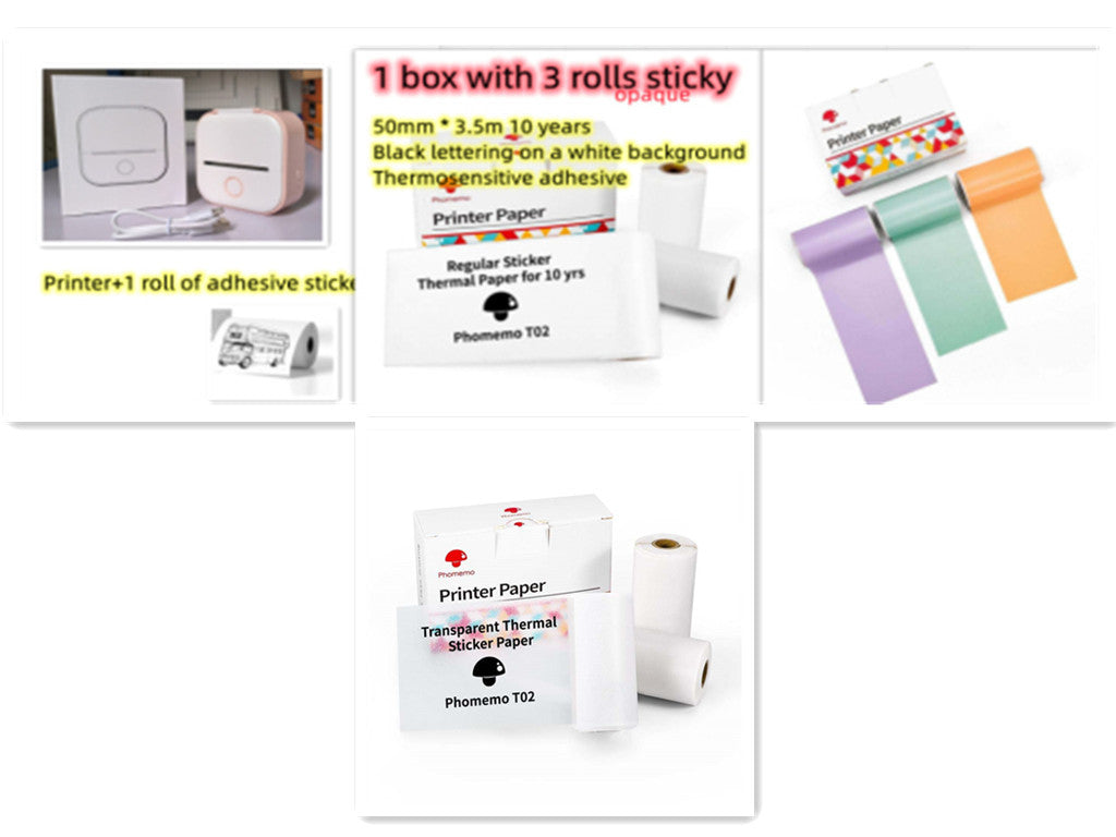 Packs mini imprimante thermique avec rouleau adhésif + 3 rouleaux blancs opaques, transparents et colorés – papier thermique compatible pour impression sans encre