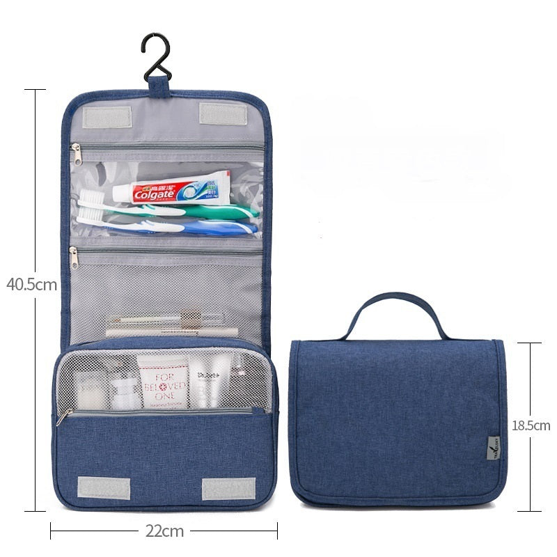 Pochette murale de rangement bleue avec ses dimensions : 40,5 cm de hauteur ouverte, 22 cm de largeur, 18,5 cm pliée avec poignée