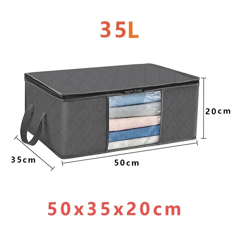 Sac de rangement pliable en tissu avec une capacité de 35 litres, illustré avec ses dimensions (50 x 35 x 20 cm) – idéal pour organiser vêtements, serviettes ou linge de lit dans les placards.