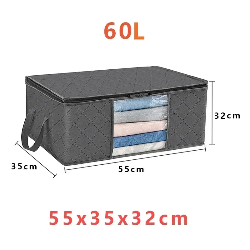 Sac de rangement pliable en tissu avec capacité de 60 litres, dimensions 55 x 35 x 32 cm – idéal pour stocker linge, vêtements ou textiles volumineux dans les armoires ou sous le lit.