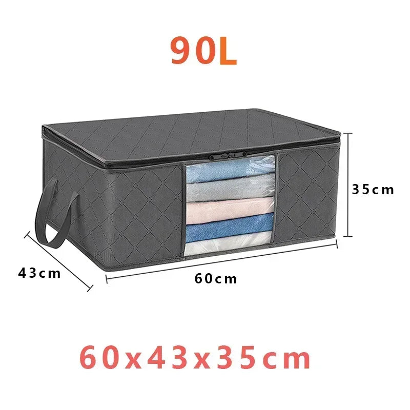 Sac de rangement pliable grande capacité 90 litres, en tissu gris avec poignées renforcées – dimensions 60 x 43 x 35 cm, parfait pour organiser couettes, vêtements ou linge encombrant.