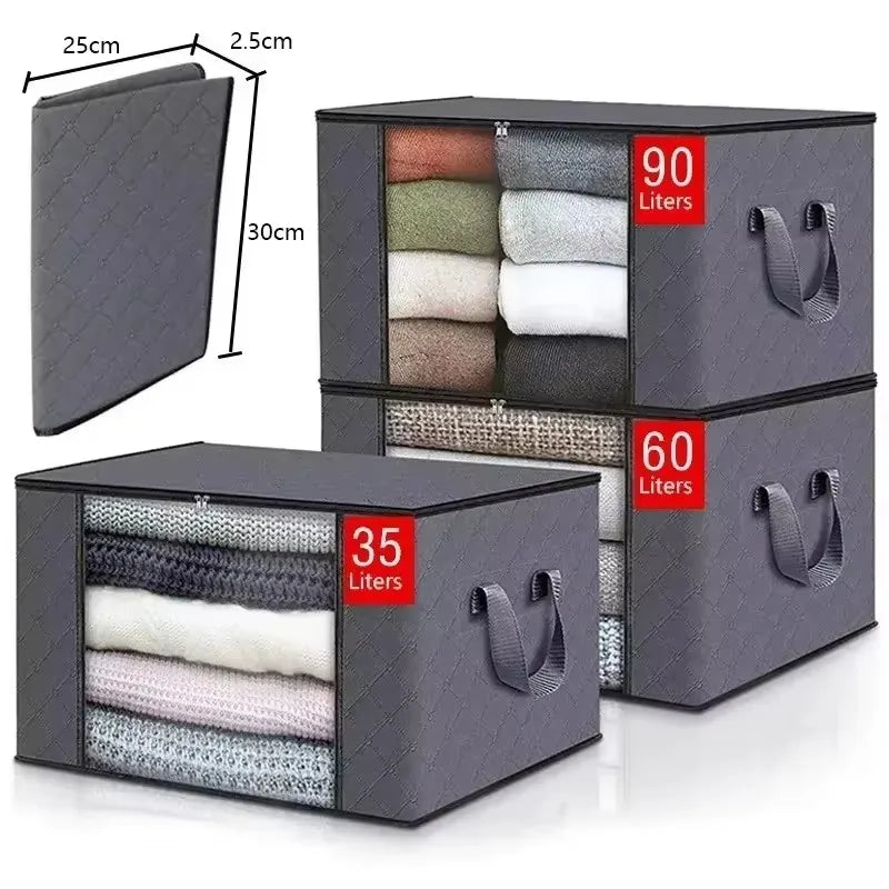 Ensemble de sacs de rangement pliables en tissu avec poignées, affichant différentes tailles et capacités (35L, 60L, 90L), idéal pour organiser linge, couvertures ou vêtements dans la chambre ou le dressing.