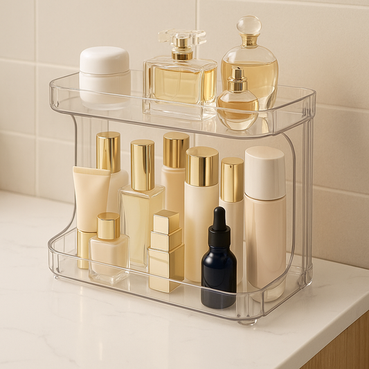 Support de rangement en acrylique transparent, exposant plusieurs flacons de parfums, crèmes et soins – idéal pour organiser les produits de beauté dans une salle de bain moderne.